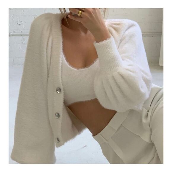 For Love & Lemons Fiona White Cardigan Size Large Fuzzy Puff Sleeve Rhinestone - Picture 1 of 14